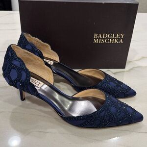 Badgley Mischka Navy Beaded Pointed-Toe D'Orsay Heels